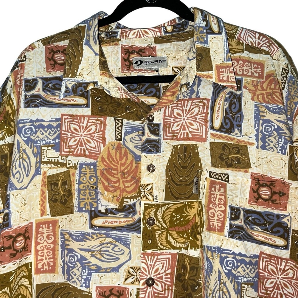 Sportif USA Mens Tribal Tiki Print‎ Button Down Shirt Short Sleeve Multicolor XL